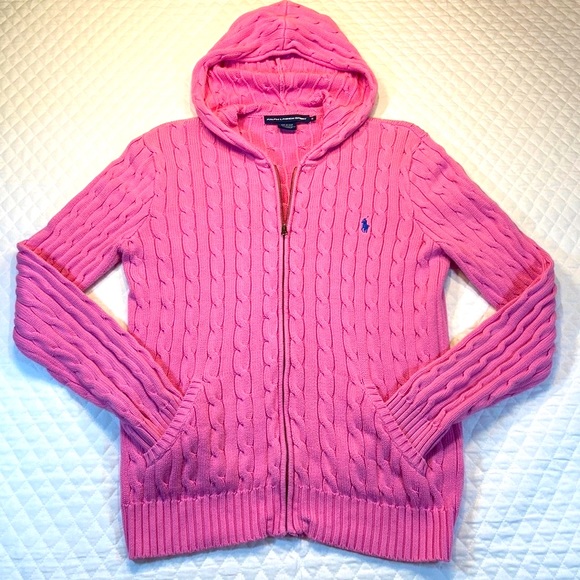 Ralph Lauren Sweaters - Ralph Lauren Sport Cable Knit Zip Front Sweater with Hood Bubble Gum Pink. XL